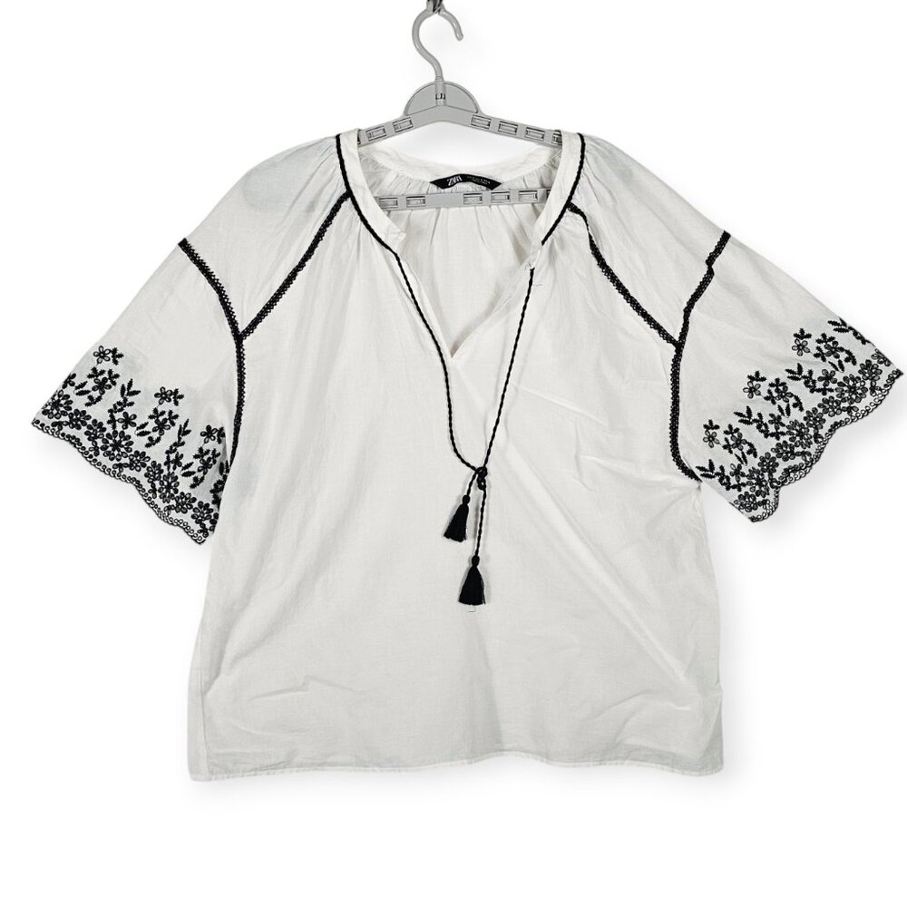 Zara White Embroidered Boho Tassel Blouse Women's Size Small